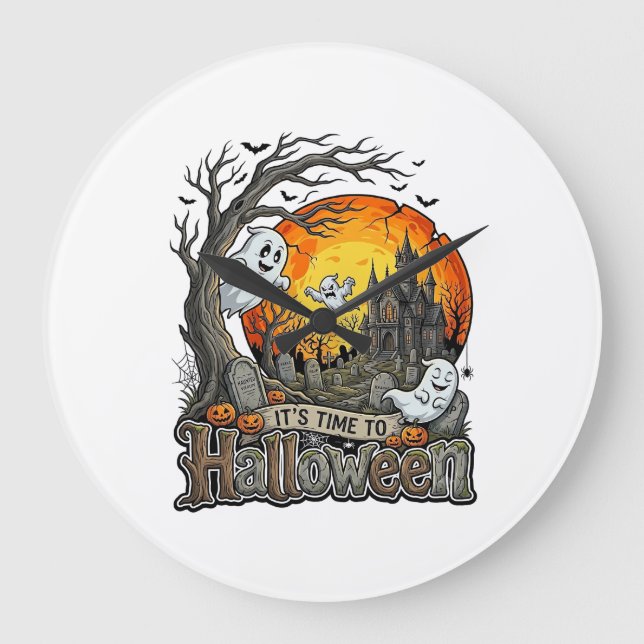 Its Time Halloween Haunted House Graveyard Spooky  Large Clock (Front)