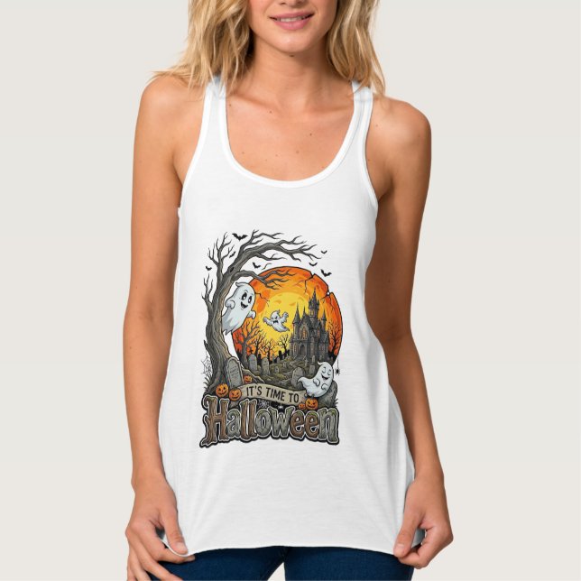 Its Time Halloween Haunted House Graveyard Spooky  Singlet (Front)