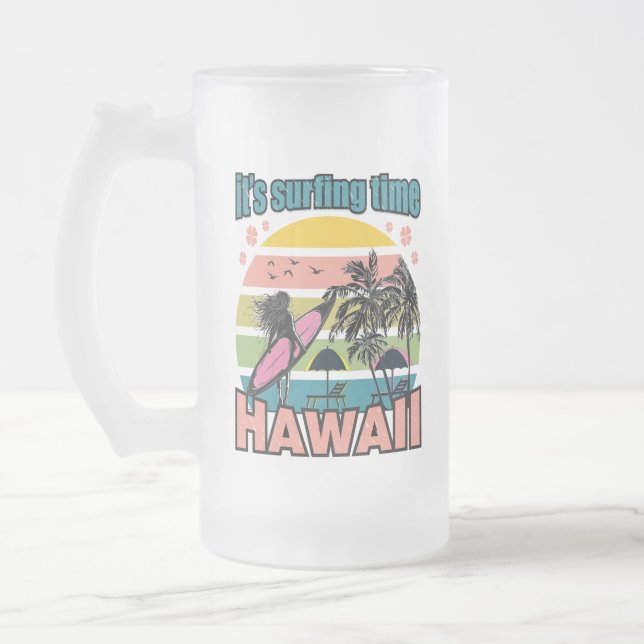 It's Time Surfing - Hawaii Frosted Glass Beer Mug (Left)