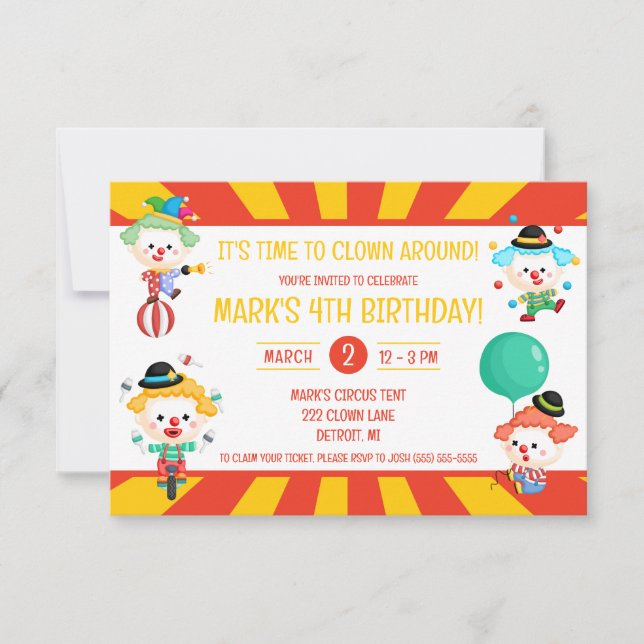 It's Time to Clown Around, Circus Birthday Party Invitation (Front)