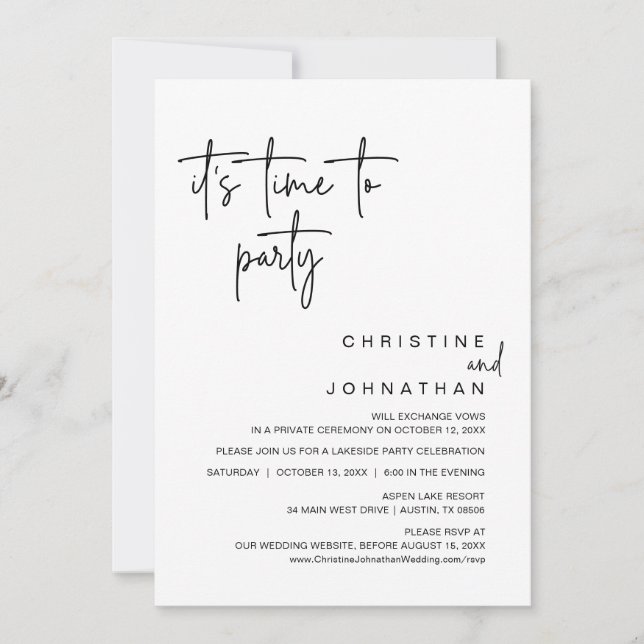 It's Time To Party, Wedding Elopement Dinner Invitation (Front)