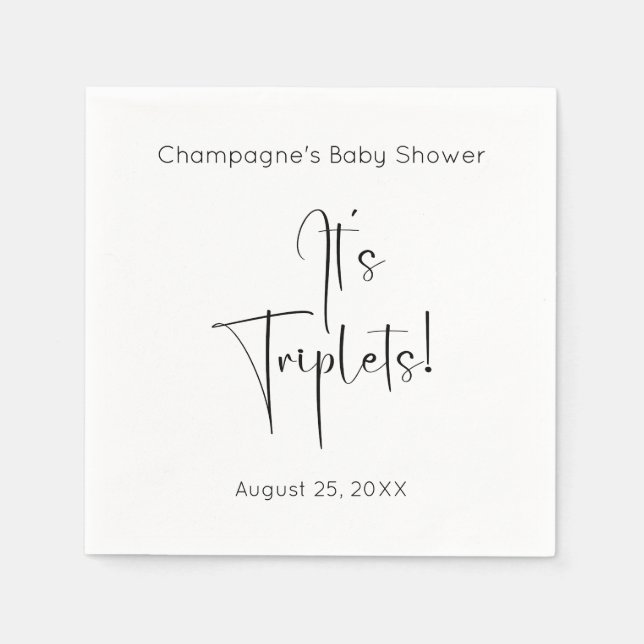 It's Triplets Modern Script Baby Shower Napkin (Front)