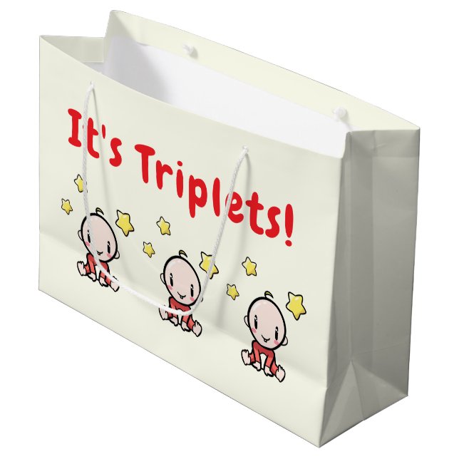It's Triplets!, Triplet Babies Gift Wrap, Neutral Large Gift Bag (Front Angled)