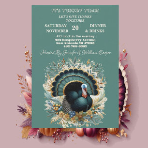 Its Turkey Time Thanksgiving Floral Green Autumn  Invitation