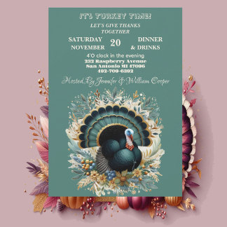 Its Turkey Time Thanksgiving Floral Green Autumn  Invitation