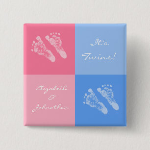 Its Twin Boy and Girl Cute Pink Baby Footprints 15 Cm Square Badge