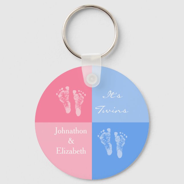 Its Twin Boy and Girl Cute Pink Baby Footprints Key Ring (Front)