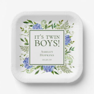 It's Twin Boys Blue Hydrangeas Boy Baby Shower Paper Plate