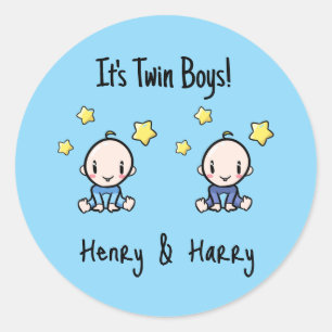 It's Twin Boys!, Blue, Personalised Twin Babies  Classic Round Sticker