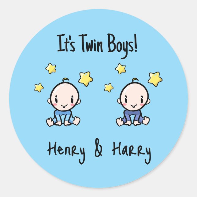 It's Twin Boys!, Blue, Personalised Twin Babies  Classic Round Sticker (Front)