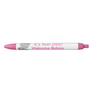 It's Twin Girls Baby Rattle Pink Star Announcement Black Ink Pen