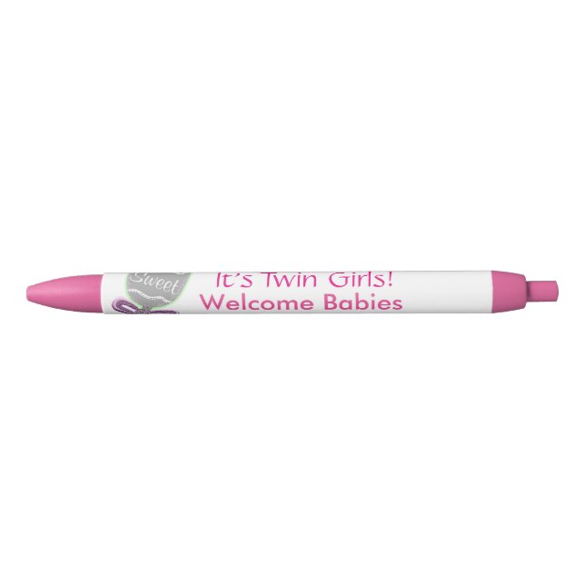 It's Twin Girls Baby Rattle Pink Star Announcement Black Ink Pen (Front)