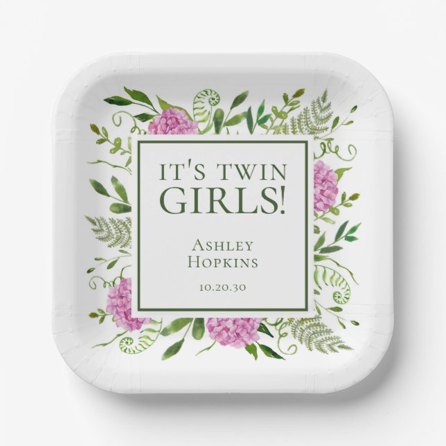 It's Twin Girls Pink Hydrangeas Girl Baby Shower Paper Plate (Front)