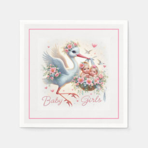 It's Twin Girl's with Stork, Baby Girls and Flower Napkin