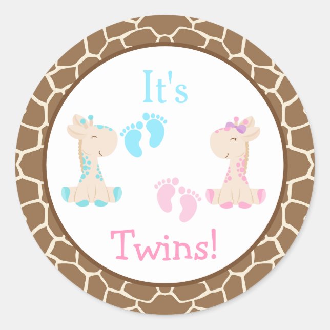 It's Twins Baby Giraffe Gender Reveal Classic Round Sticker (Front)