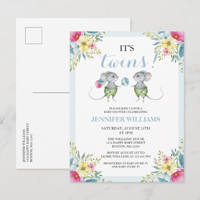 It's Twins Blue Floral Boy Twins Baby Shower  Invitation Postcard (Front/Back)