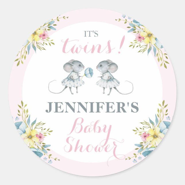 It's Twins Blue Floral Twin Girls Baby Shower     Classic Round Sticker (Front)