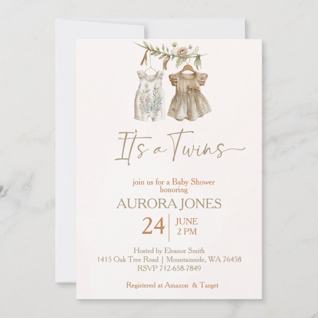 It's twins boho clothes nursery baby shower  invitation (Front)