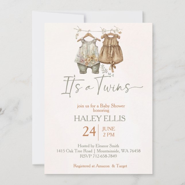It's twins boho clothes nursery baby shower  invitation (Front)