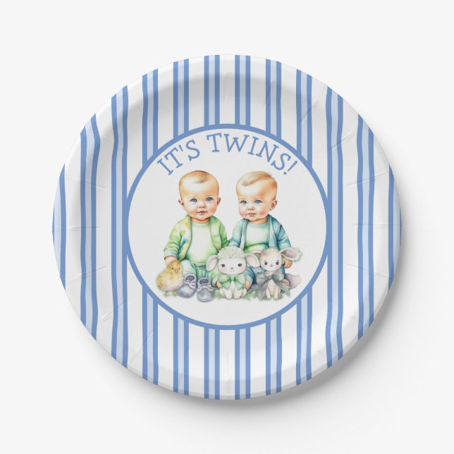 It's Twins! Cute boy twins Baby Shower Paper Plate (Front)