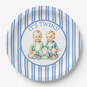 It's Twins! Cute boy twins Baby Shower Paper Plate