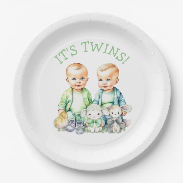 It's Twins! Cute boy twins Baby Shower Paper Plate (Front)