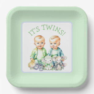 It's Twins! Cute boy twins Baby Shower Paper Plate
