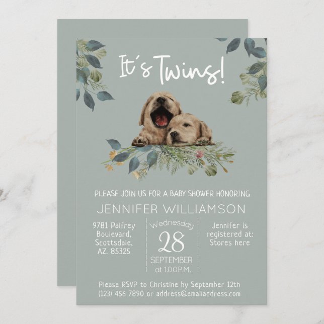It's Twins! Cute Dog Baby Shower Invitation (Front/Back)