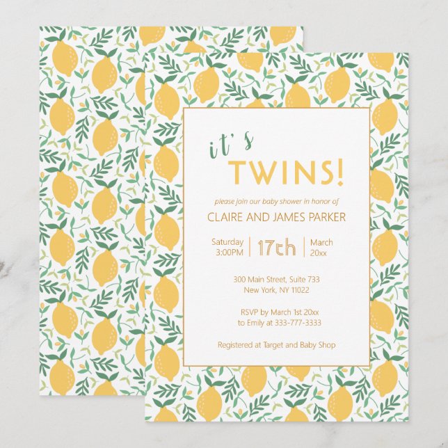 It's Twins Cute Yellow Lemon Foliage Baby Shower Invitation (Front/Back)