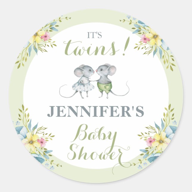 It's Twins Green Floral Boy & Girl Baby Shower   I Classic Round Sticker (Front)