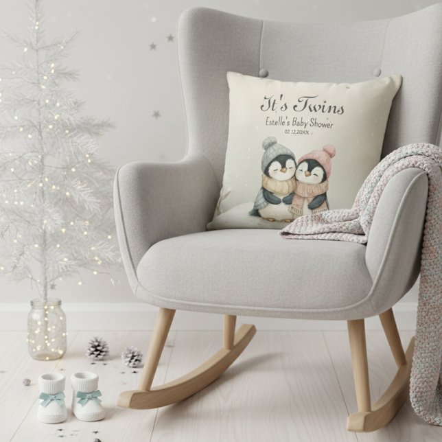 Its Twins Penguin Baby Shower Winter Wonderland  Cushion (Creator Uploaded)
