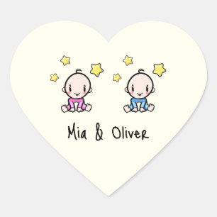 It's Twins!, Pink & Blue Personalised Twin Babies  Heart Sticker