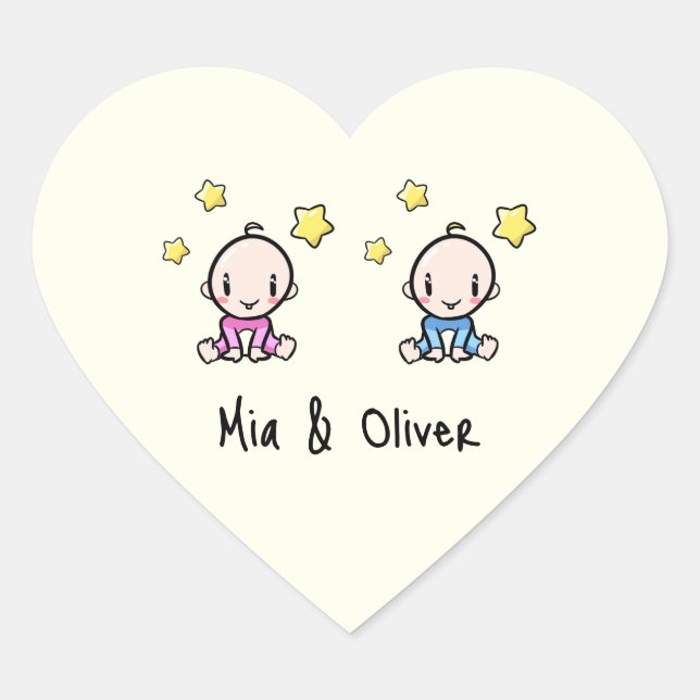 It's Twins!, Pink & Blue Personalised Twin Babies  Heart Sticker (Front)