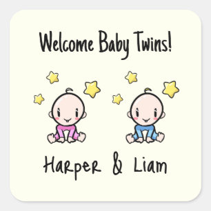 It's Twins!, Pink & Blue Personalized Twin Babies  Square Sticker