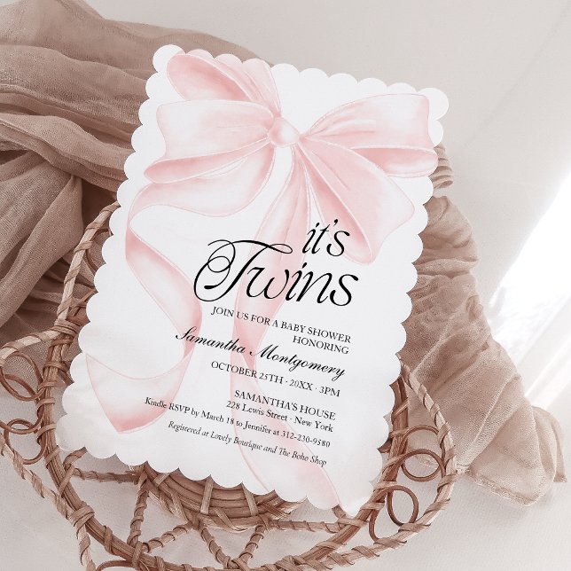 Its Twins Pink Coquette Bow Baby Invitation (Creator Uploaded)