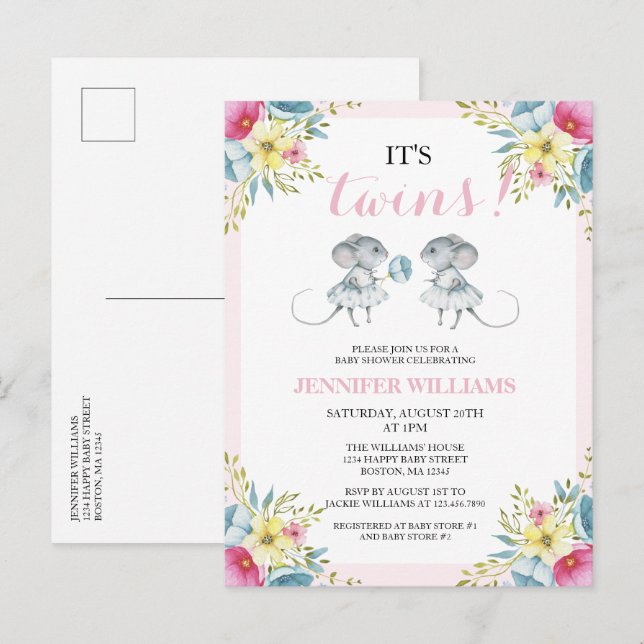 It's Twins Pink Floral Girl Twins Baby Shower Invitation Postcard (Front/Back)