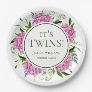 It's Twins Pink Hydrangeas Baby Shower Paper Plate