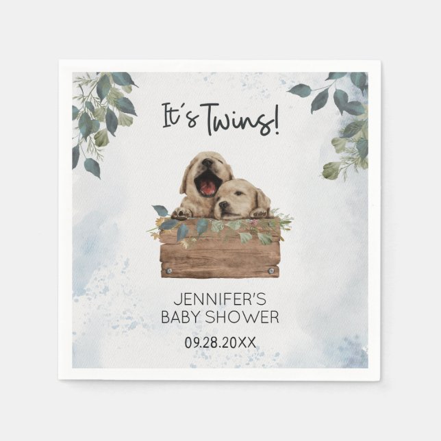 It's Twins! Puppies Watercolor Baby Shower Napkins (Front)