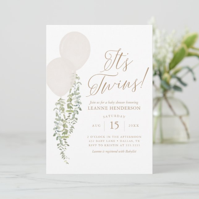 Its Twins White Balloon Eucalyptus Baby Shower Invitation (Standing Front)