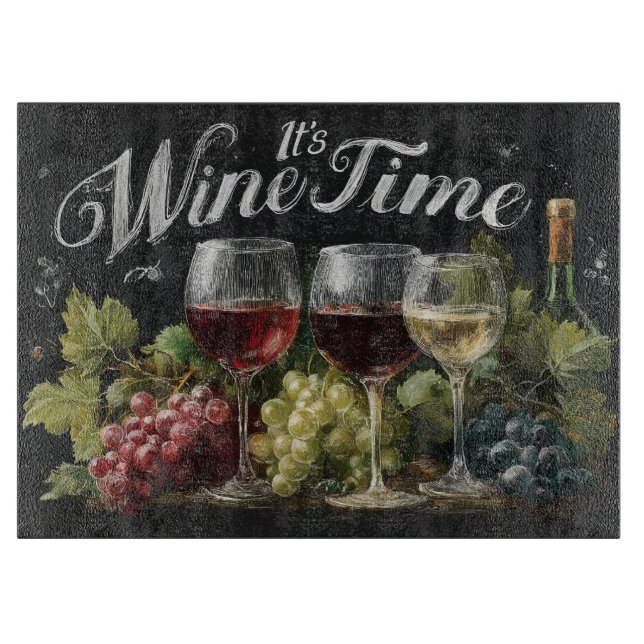 "It's Wine Time" Rustic Chalkboard Art Cutting Board (Front)