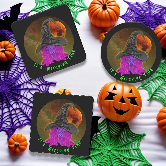 It's Witching Time Halloween Witch Square Paper Coaster (Square, Round, Scalloped)
