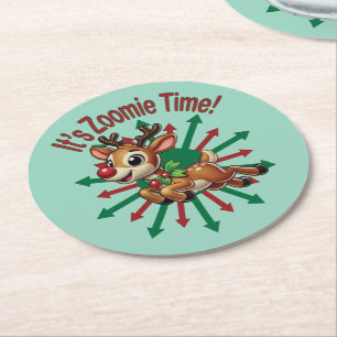 "It's Zoomie Time! Christmas Reindeer Round Paper Coaster
