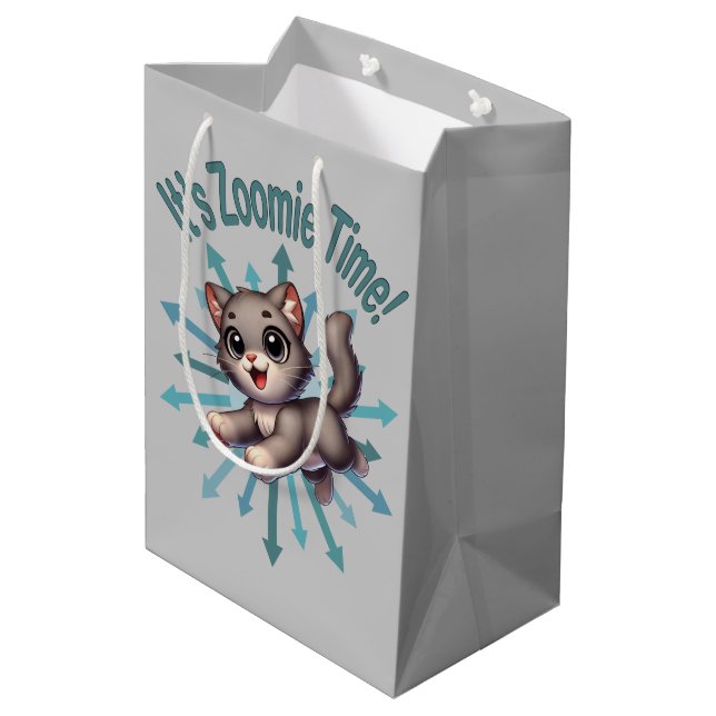 It's Zoomie Time Cute Grey & White Cat Medium Gift Bag (Back Angled)