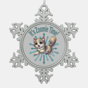 It's Zoomie Time Cute Tricolor Cat Snowflake Pewter Christmas Ornament