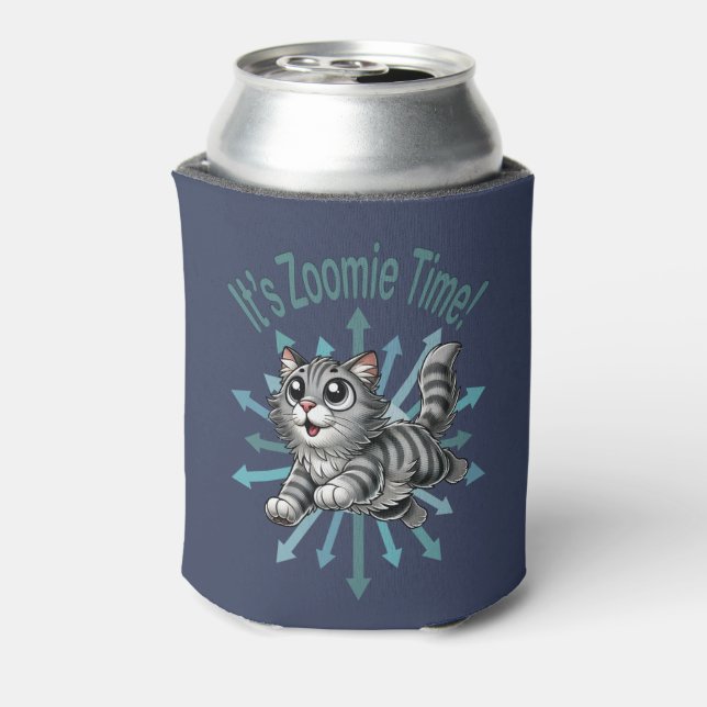 It's Zoomie Time Grey Tabby Cat Can Cooler (Can Back)