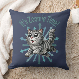 It's Zoomie Time Grey Tabby Cat Cushion