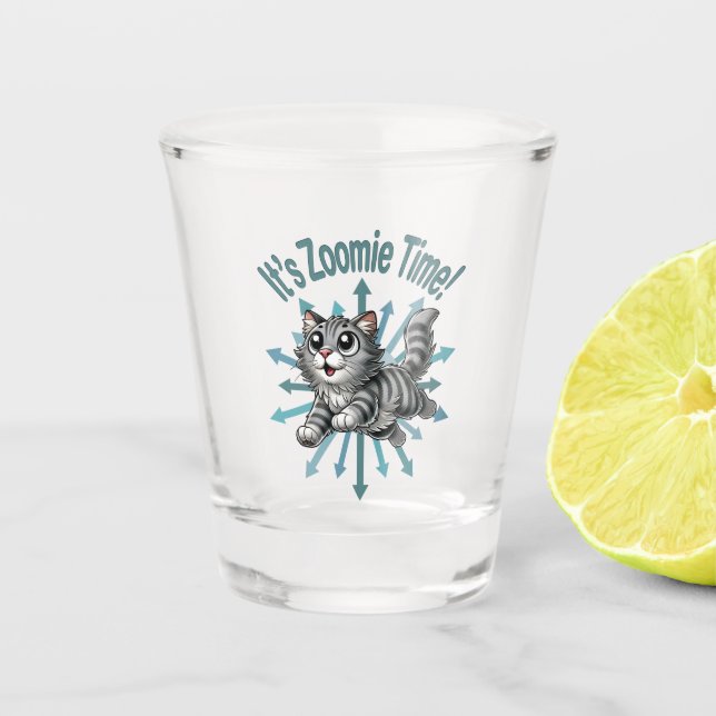 It's Zoomie Time Grey Tabby Cat Shot Glass (Front)