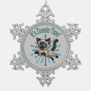 It's Zoomie Time Siamese Cat Snowflake Pewter Christmas Ornament