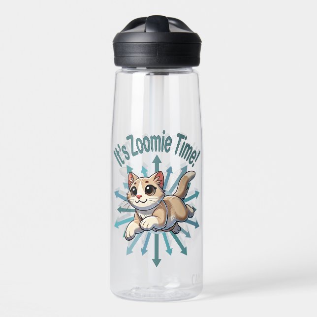 It's Zoomie Time Tan Bicolor Cat Water Bottle (Front)