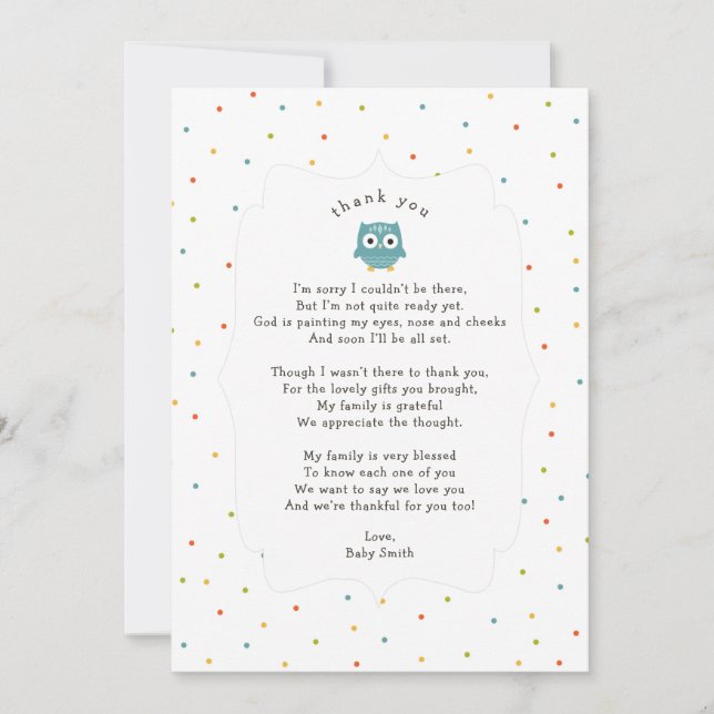 Itty Bitty Owl thank you note with poem (Front)